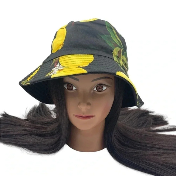 Boutique Black Lemon Print Fully Reversible Bucket Hat OSFM - Picture 2 of 6
